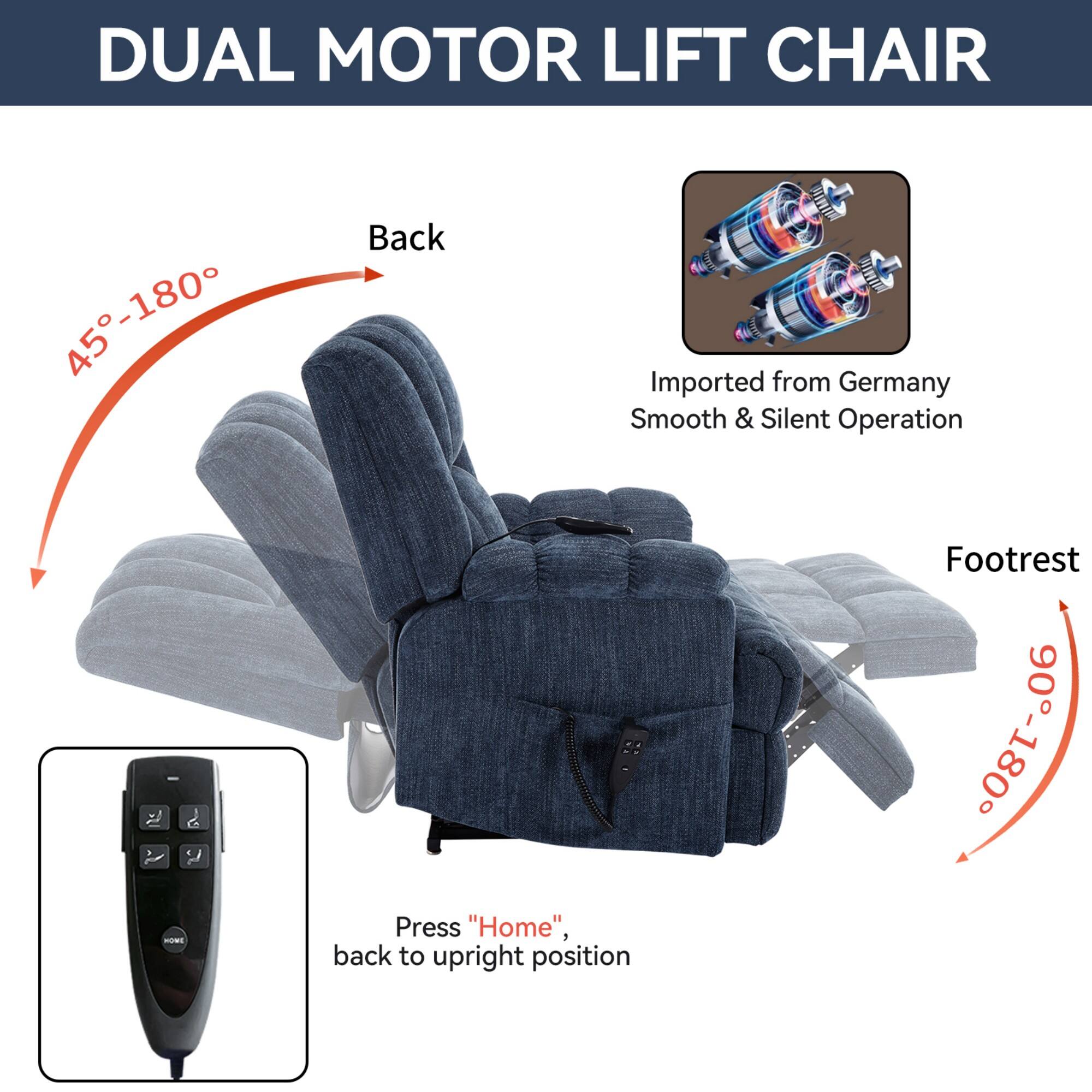 DUAL MOTOR LIFT CHAIR

- Back: 45°-180°
- Footrest: 0°-90°
- Imported from Germany
- Smooth & Silent Operation
- Press "Home" to return to upright position