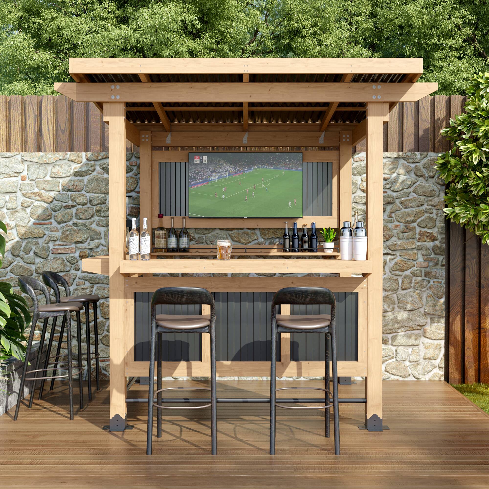 Left. Famapy - Outdoor Entertainment Bar Gazebo with Dual Bar Counters, TV Mount, Cedar Frame and Weatherproof Roof.