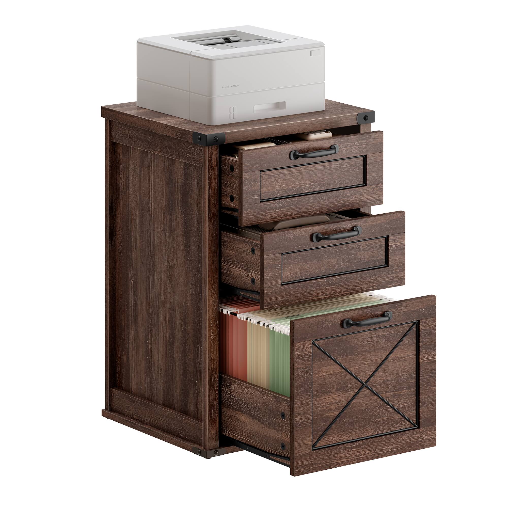 Songmics Home - File Cabinet, Filing Cabinet with 3 Drawers, Printer Stand, Fit A4, Letter Size, Hanging File Folders, Modern Style - Maroon Brown