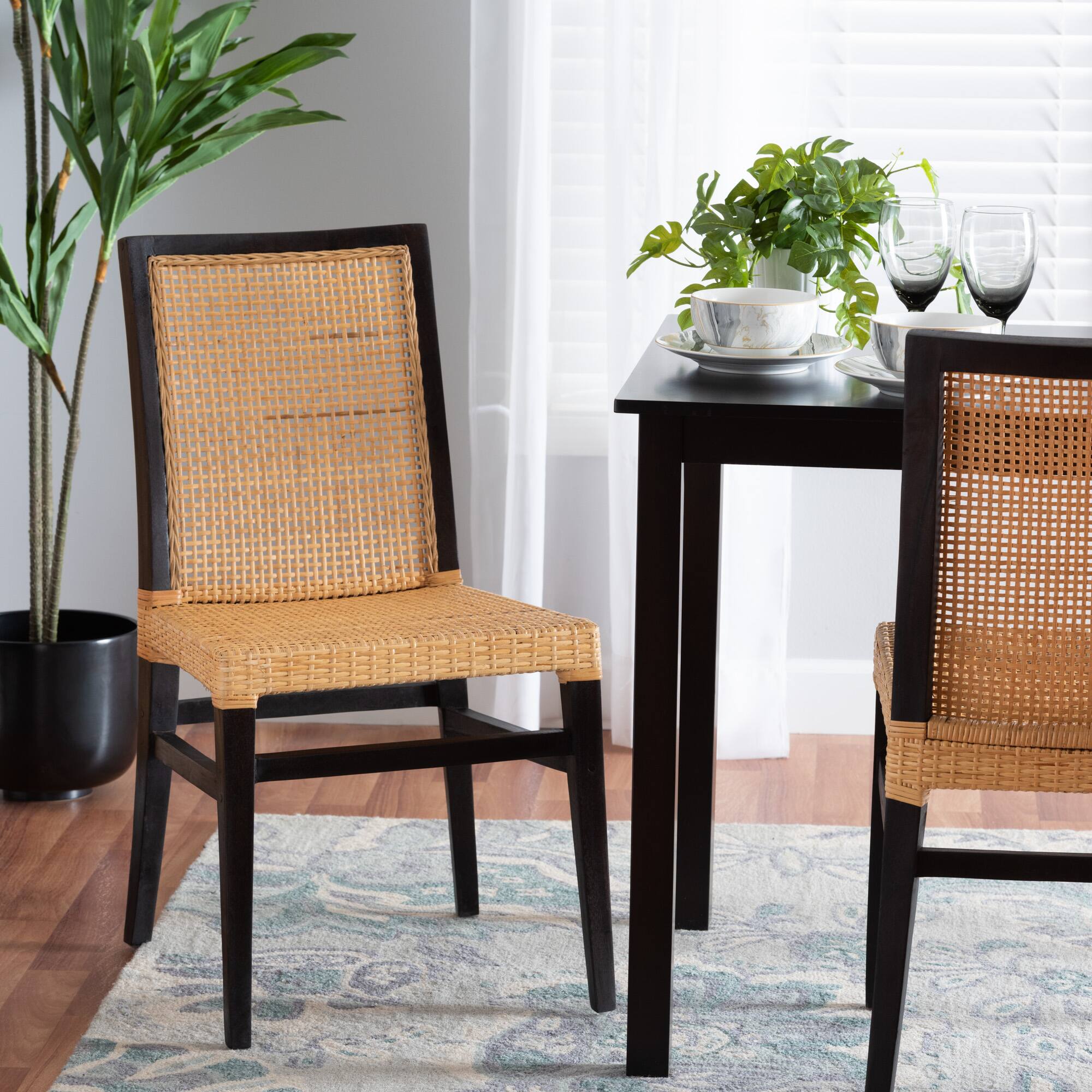 Alt View 4. bali & pari - Lingga Modern Bohemian Mahogany Wood and Natural Rattan Dining Chair - Dark Brown/Natural Brown.