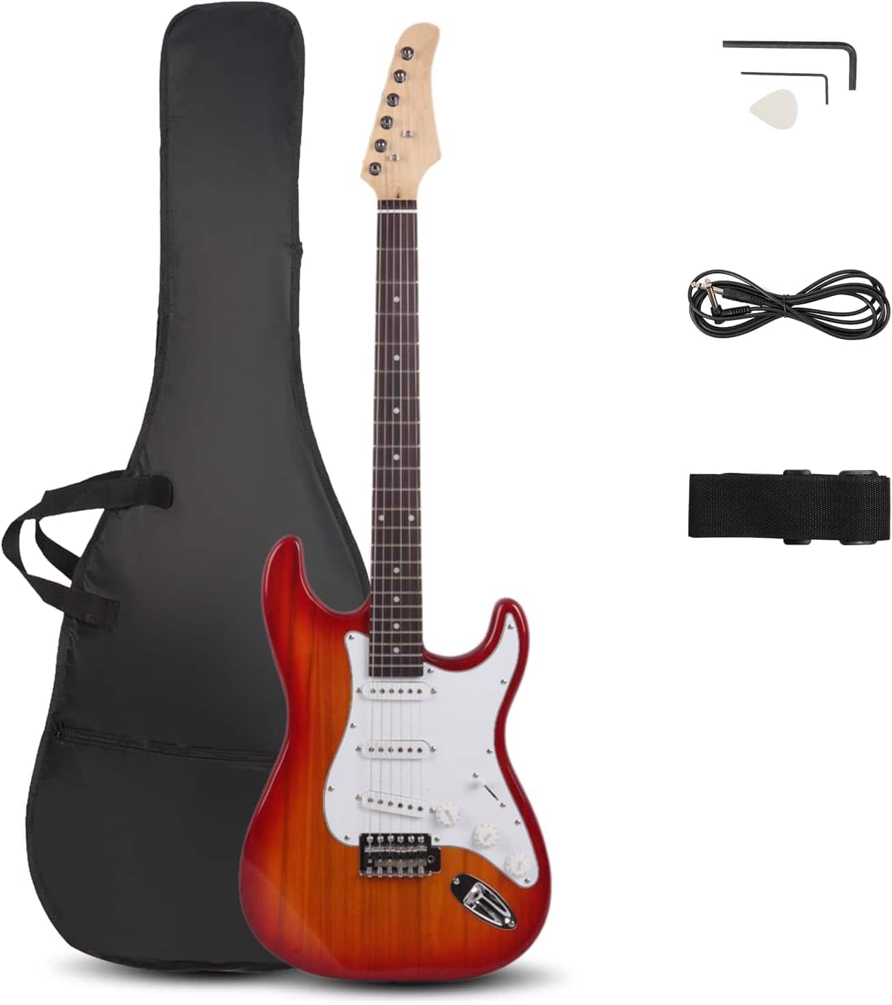 Winado - 39 Inch Electric Guitar, Full-Size Beginner Solid Body Guitar Kit with Gig Bag Strap Tremolo Bar Cable Picks - Sunset Red