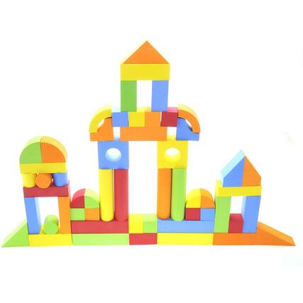 Front. JuzToys - 131 Pcs Educational EVA Foam Building Blocks, Soft Stacking Blocks, Baby Bath Foam Toy Set, Early Learning Construction - Multicolored.