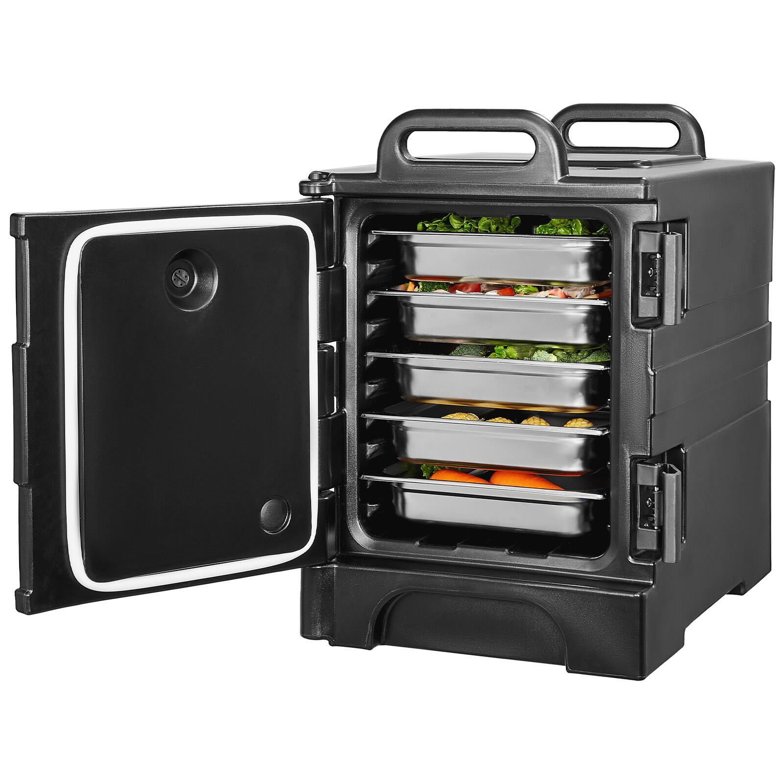 Front. VEVOR - Insulated Food Pan Carrier, 81 Qt Hot Box for Catering, Food Box Carrier with Double Buckles, Front Loading Food Warmer - Black.