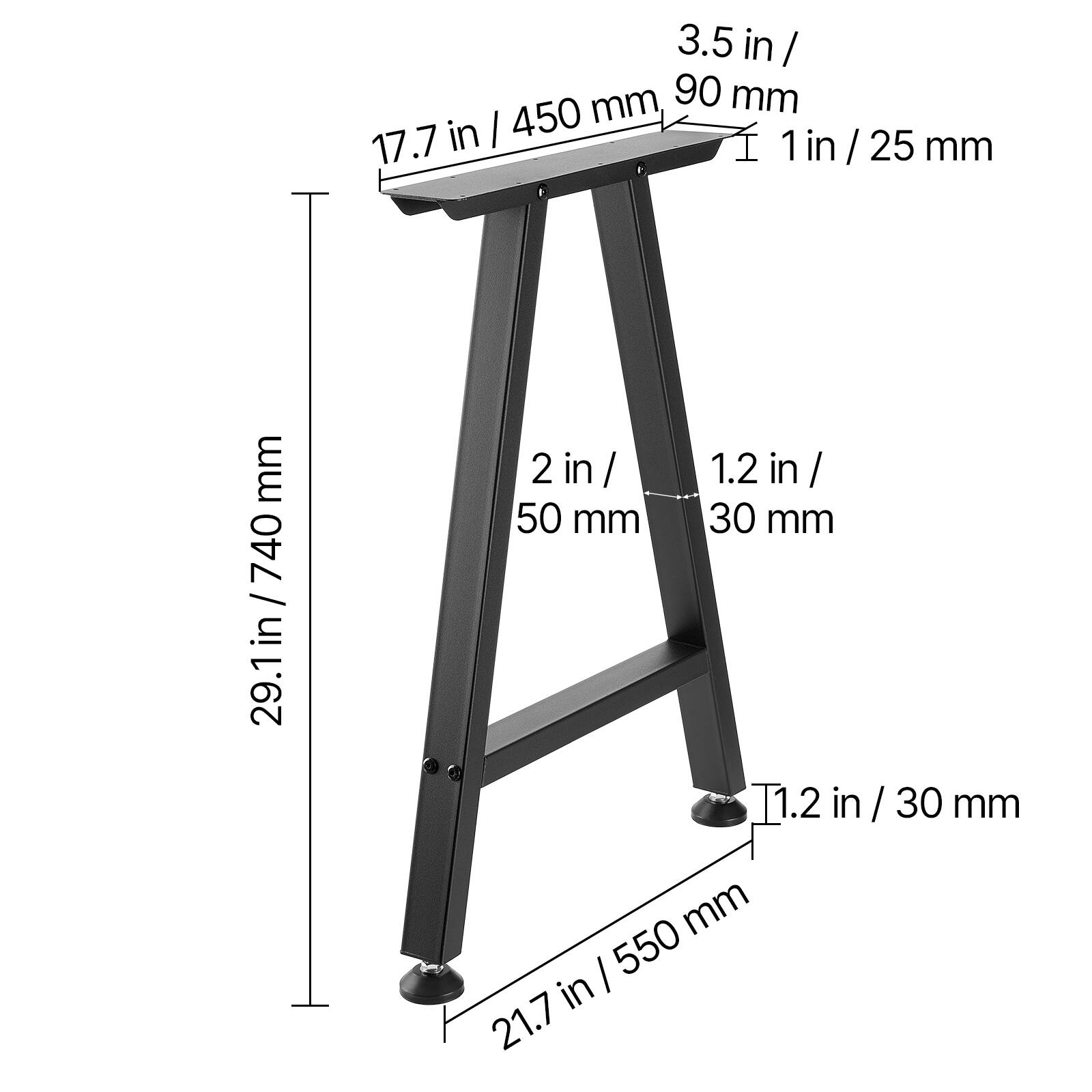 3.5 in / 90 mm  
1 in / 25 mm  
2 in / 50 mm  
1.2 in / 30 mm  
17.7 in / 450 mm  
29.1 in / 740 mm  
21.7 in / 550 mm