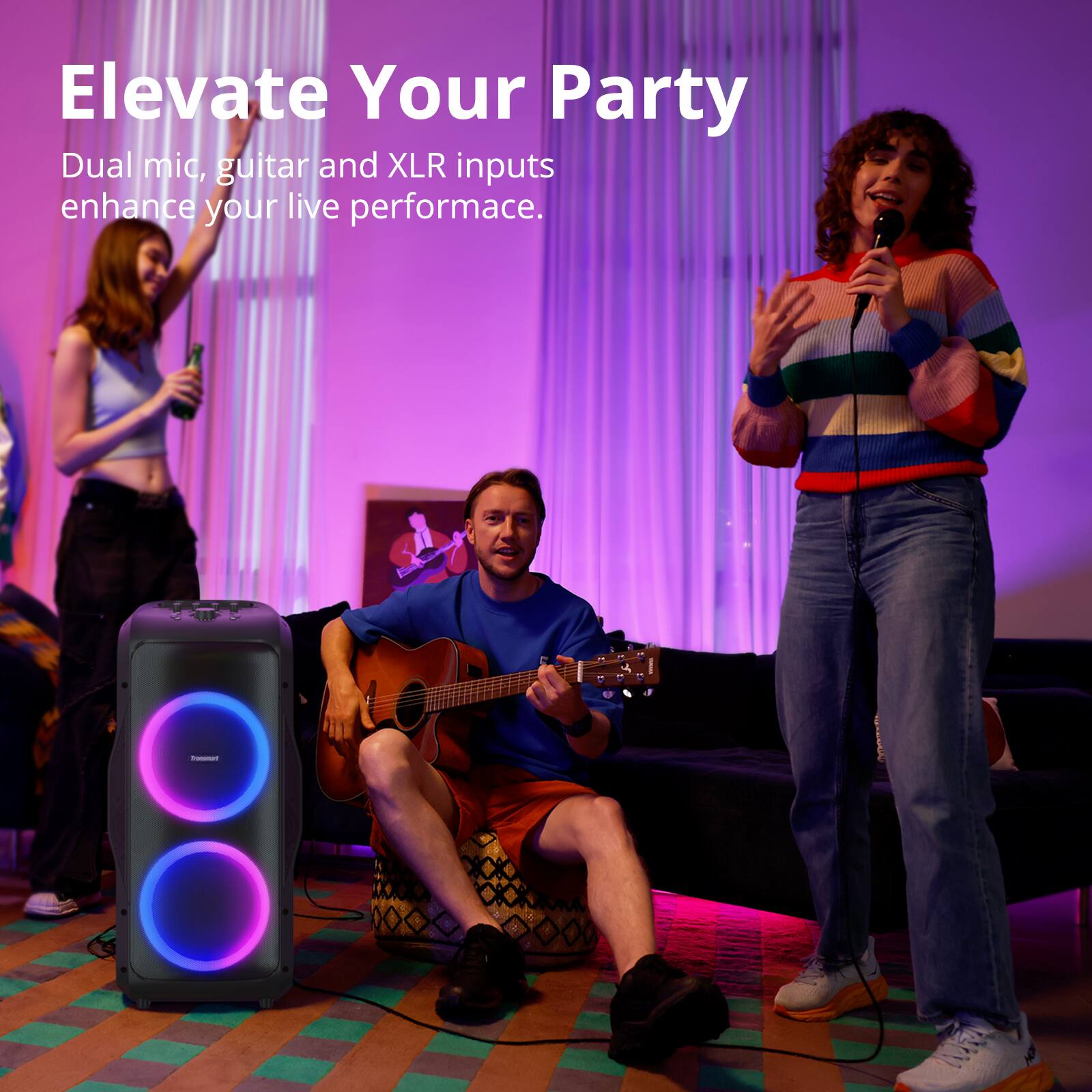Elevate Your Party
Dual mic, guitar and XLR inputs enhance your live performance.