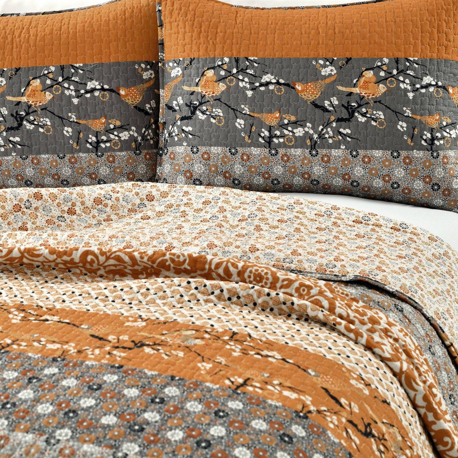 Left. Hivvago - Full/Queen Size Orange Grey Floral Birds Reversible 3 Piece Quilt Set - Orange Grey.