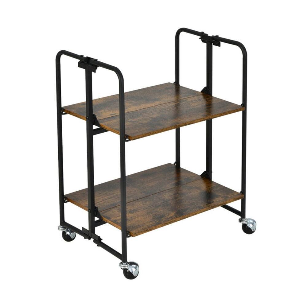 Left. Kadyn - Folding Rolling Cart with Metal Frame-2-Tier, Kitchen Island, Island Table for Kitchen,Dinning Room - Brown.