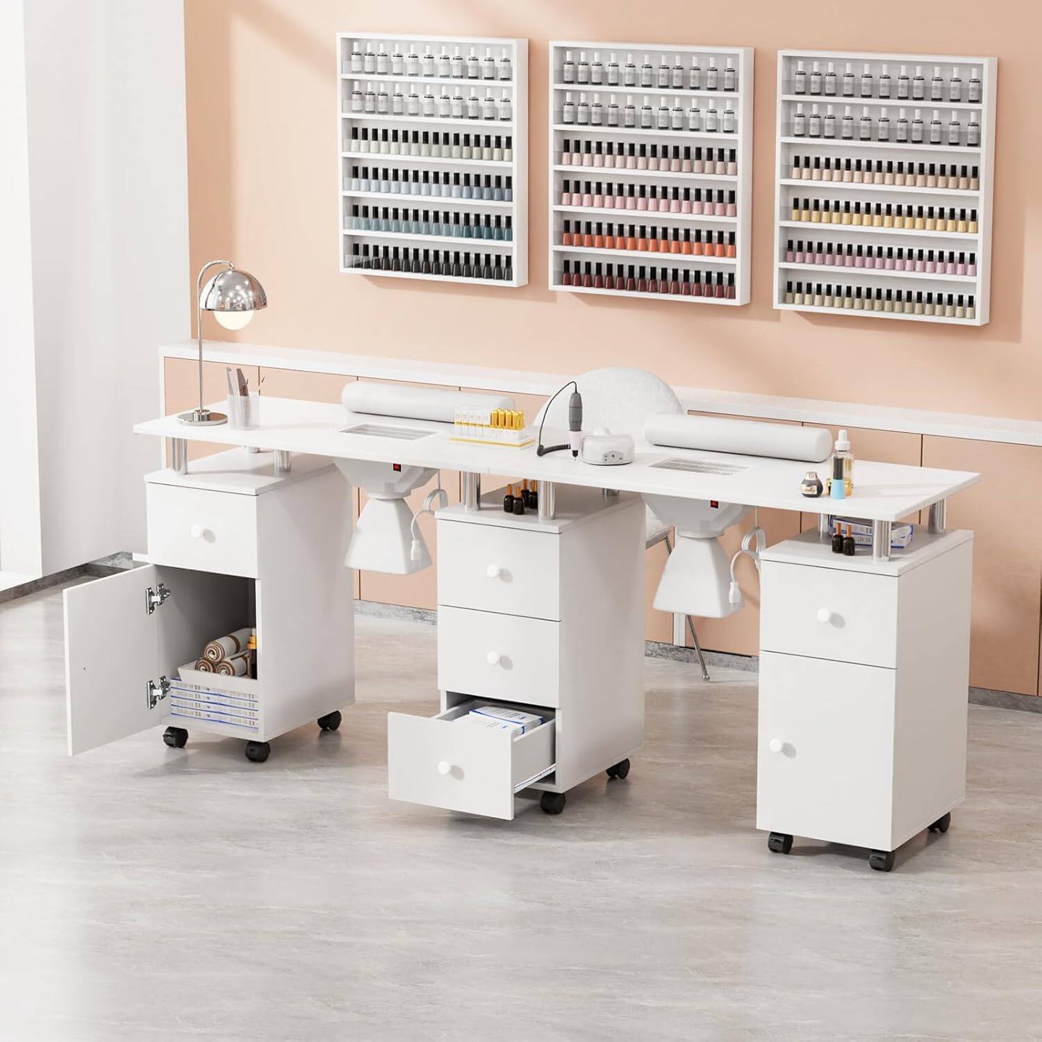 Alt View 3. Winado - Double Manicure Table Nail Table Station with Dust Collector & Drawers & Storage Cabinet & Lockable Wheels for Beauty - White.