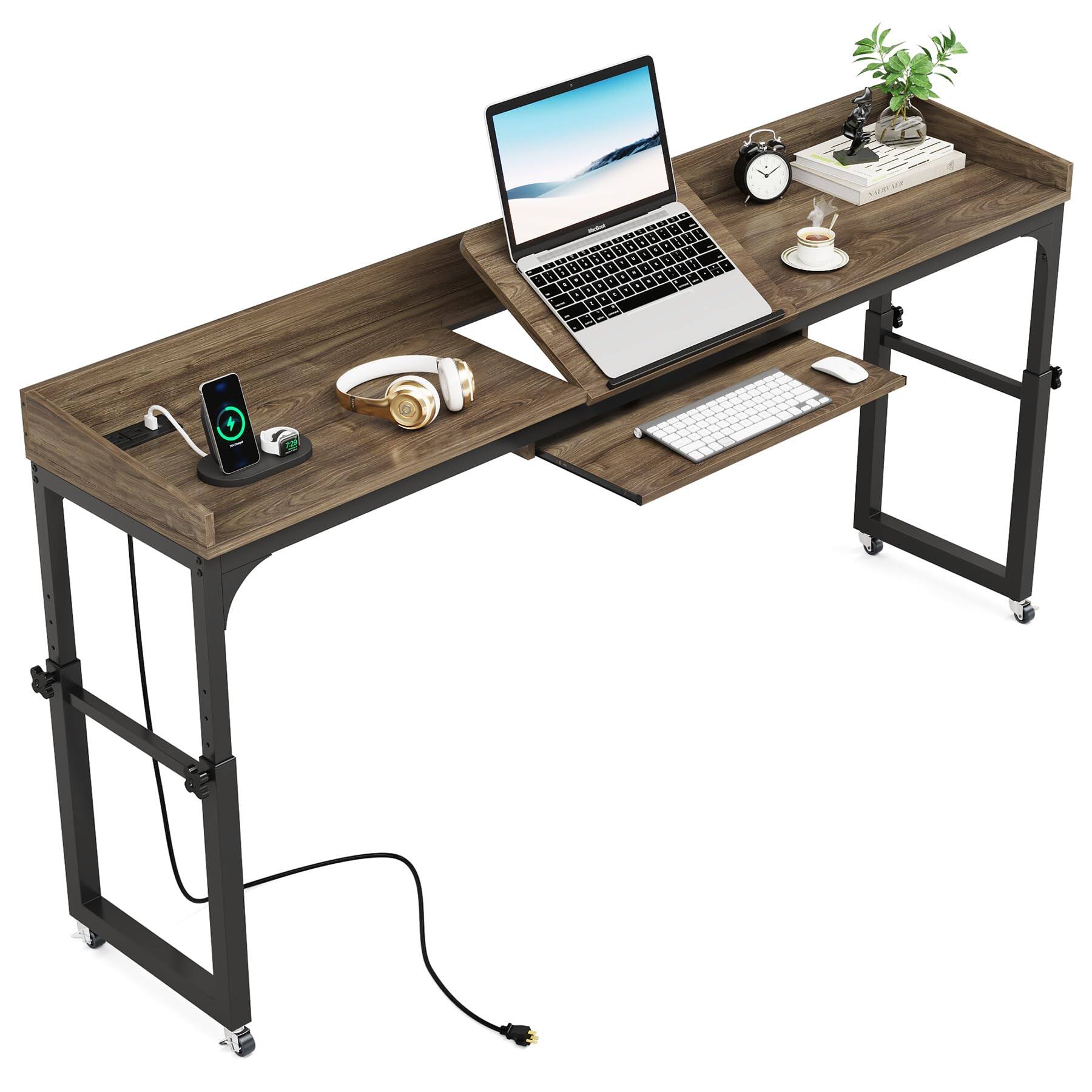 Alt View 4. Tribesigns - 70.9-Inch Height-Adjustable Overbed Desk with Wheels and Tilting Laptop Stand for Bedroom - Dark Gray.