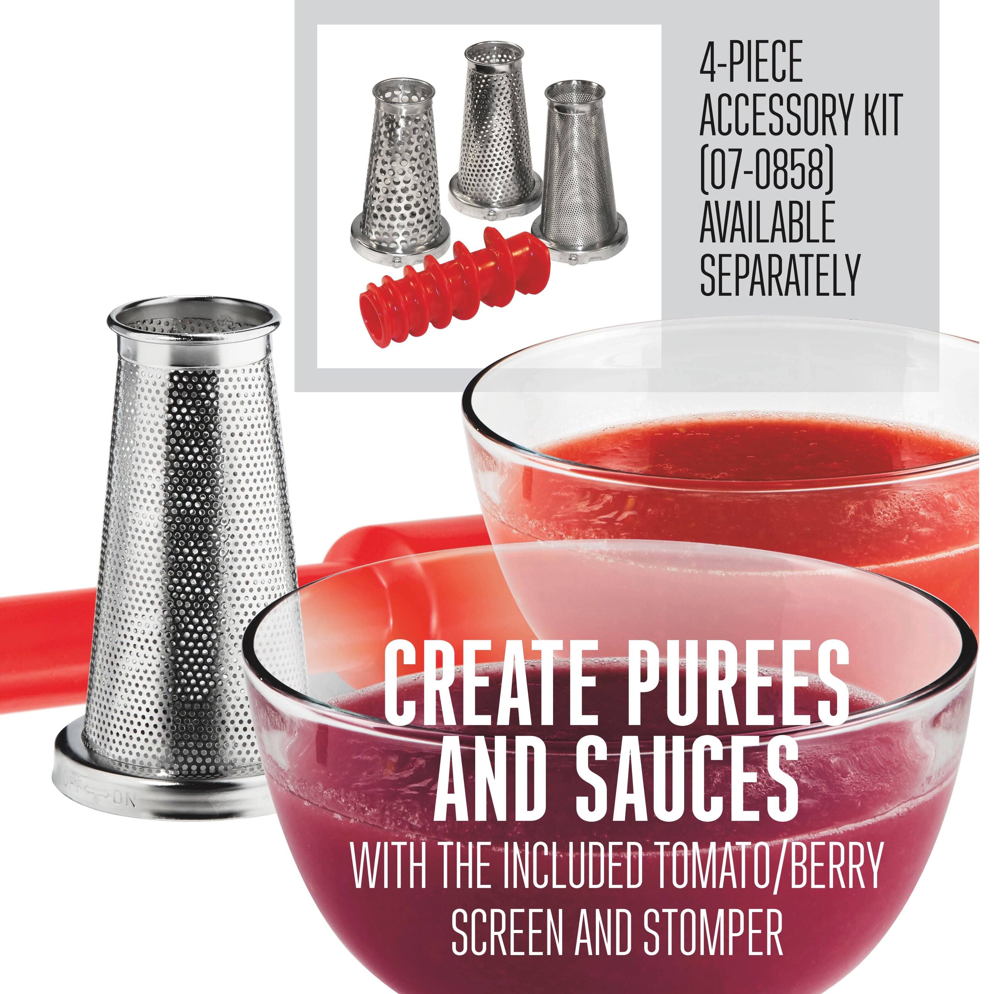 4-PIECE ACCESSORY KIT (07-0858) AVAILABLE SEPARATELY

CREATE PUREES AND SAUCES WITH THE INCLUDED TOMATO/BERRY SCREEN AND STOMPER