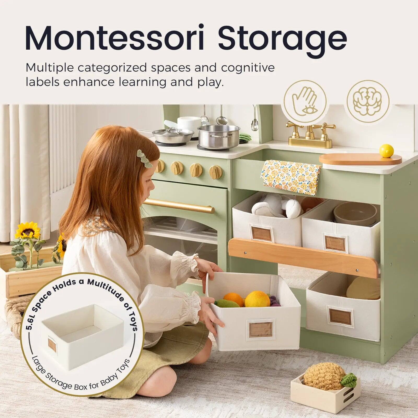 Montessori Storage  
Multiple categorized spaces and cognitive labels enhance learning and play.  

a Holds Multitude space of 5.6L Toys Large Baby Toys Storage Box