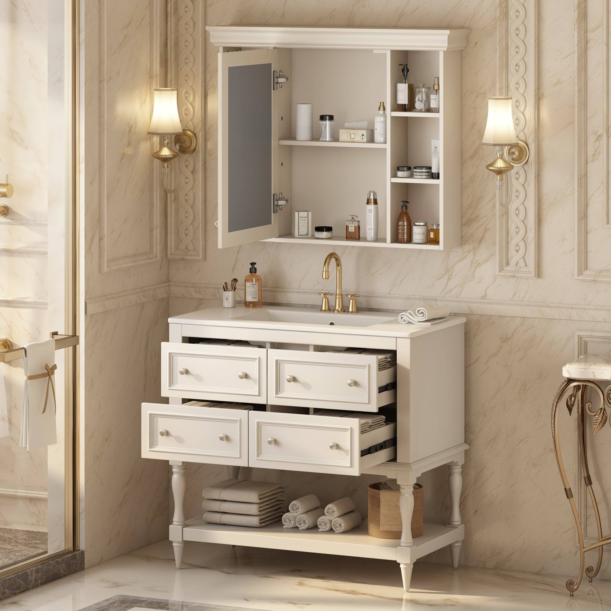 Alt View 3. Boyel Living - 36 Inch Bathroom Vanity Set with Medicine Cabinet Ceramic Sink Beige - Off-white.