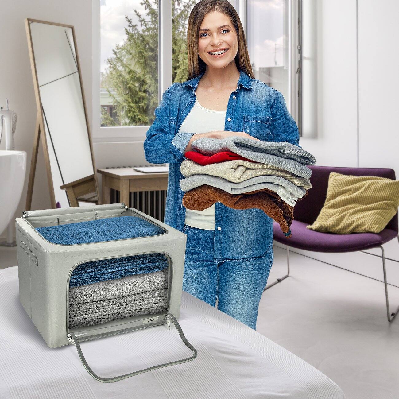 Alt View 4. Sorbus - Sorbus 1 Pack Storage Bins with Metal Frame, Foldable Clothes Organizer Bags, Fabric Containers with Window & Handle - Gray.