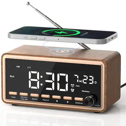 Sure, here is the corrected and grouped text from the image:
- **Time Display:**
- 8:30 AM
- Wed
- **Date Display:**
- 1M 23 D
- **Alarm Settings:**
- Alarm1: Daily
- Alarm2: Weekdays
- **Buttons:**
- Timer
- Dimmer/Time Set
- Alarm1
- Alarm2
- On/Mode
- II/Zz
- **Additional Text:**
- V 30
- aRes BRS AM (+)
- we emiT J0S hemmia
- Alarm Alarm2 iwoge ZZ/1