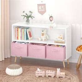 HTUTWOO - Kids Bookcase with Collapsible Fabric Drawers - Children's Book Display, Toy Storage Cabinet Organizer - White+Pink