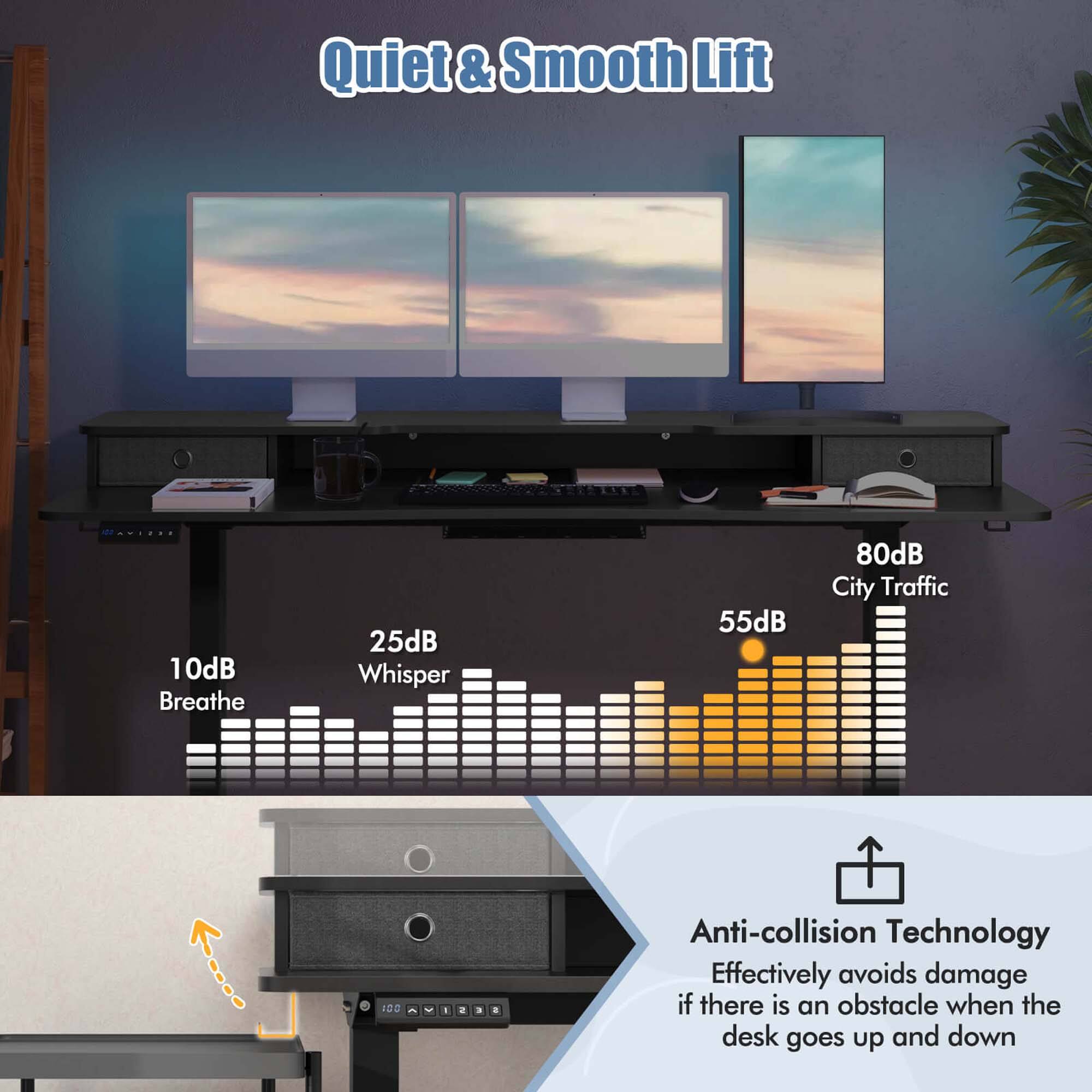 Quiet & Smooth Lift

10dB Breathe  
25dB Whisper  
55dB  
80dB City Traffic

Anti-collision Technology  
Effectively avoids damage if there is an obstacle when the desk goes up and down