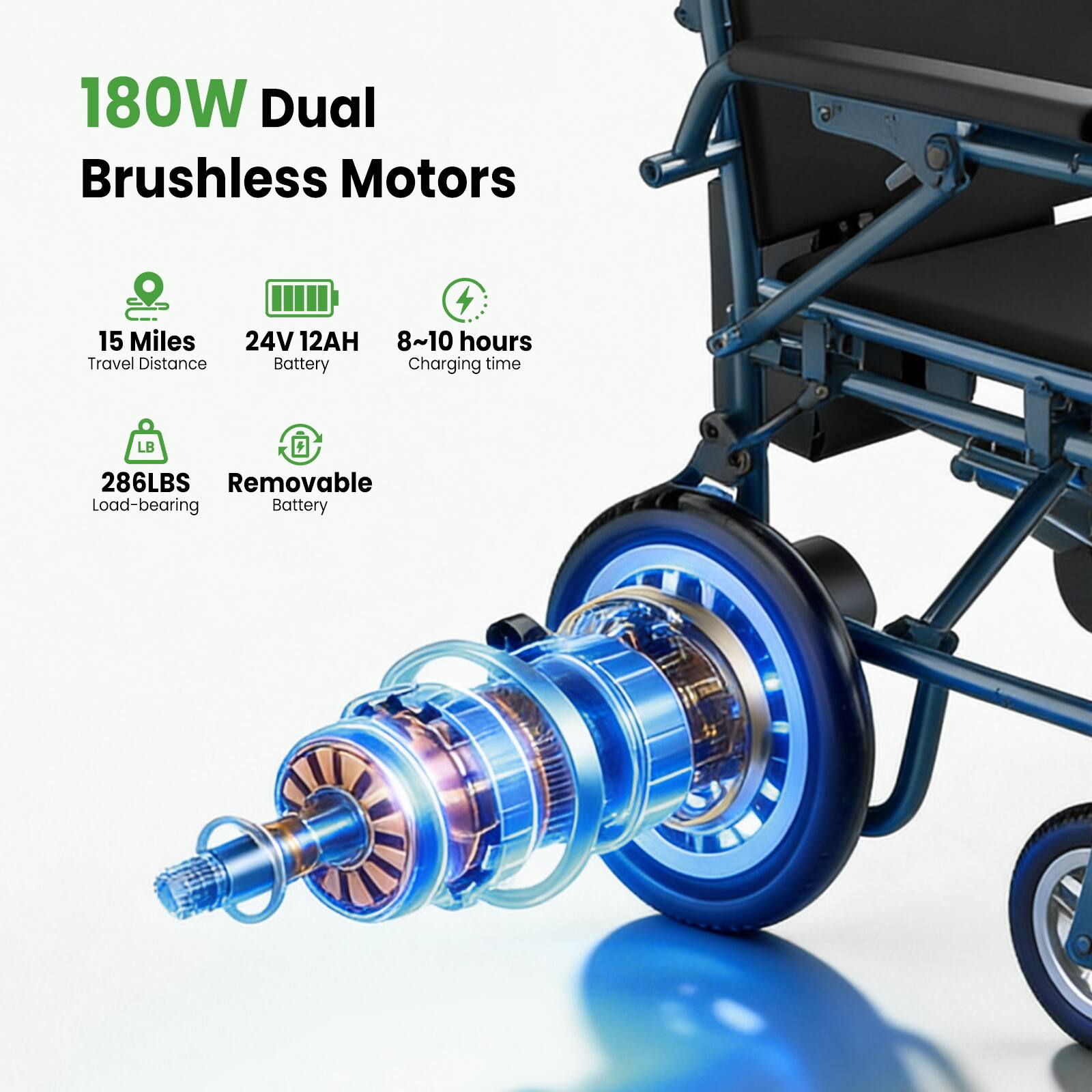180W Dual Brushless Motors  
15 Miles Travel Distance  
24V 12AH Battery  
8~10 hours Charging time  
286LBS Load-bearing  
Removable Battery