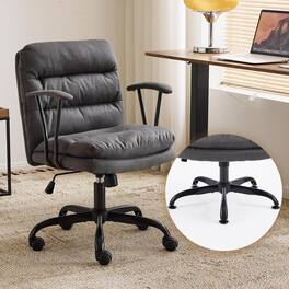 Winado - Dual-Base Desk Chairs Removable Armrests,Adjustable Rolling Swivel Computer Chair for Office Makeup Vanity Linen Fabric - Dark Gray