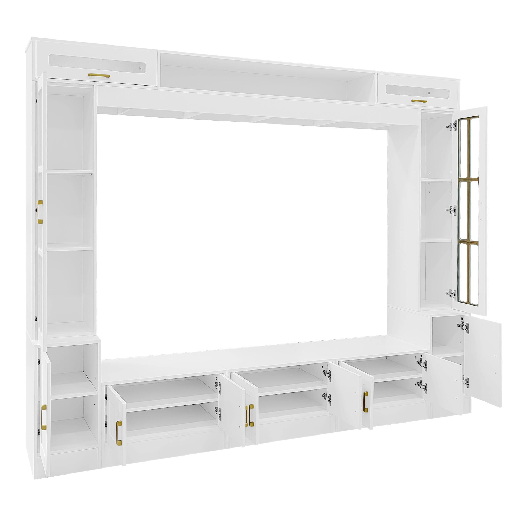 Left. PexFix - Modern Entertainment Center for 80" TVs, Wall Unit with Bookshelves, Glass Door Cabinets & Adjustable Shelves - White.