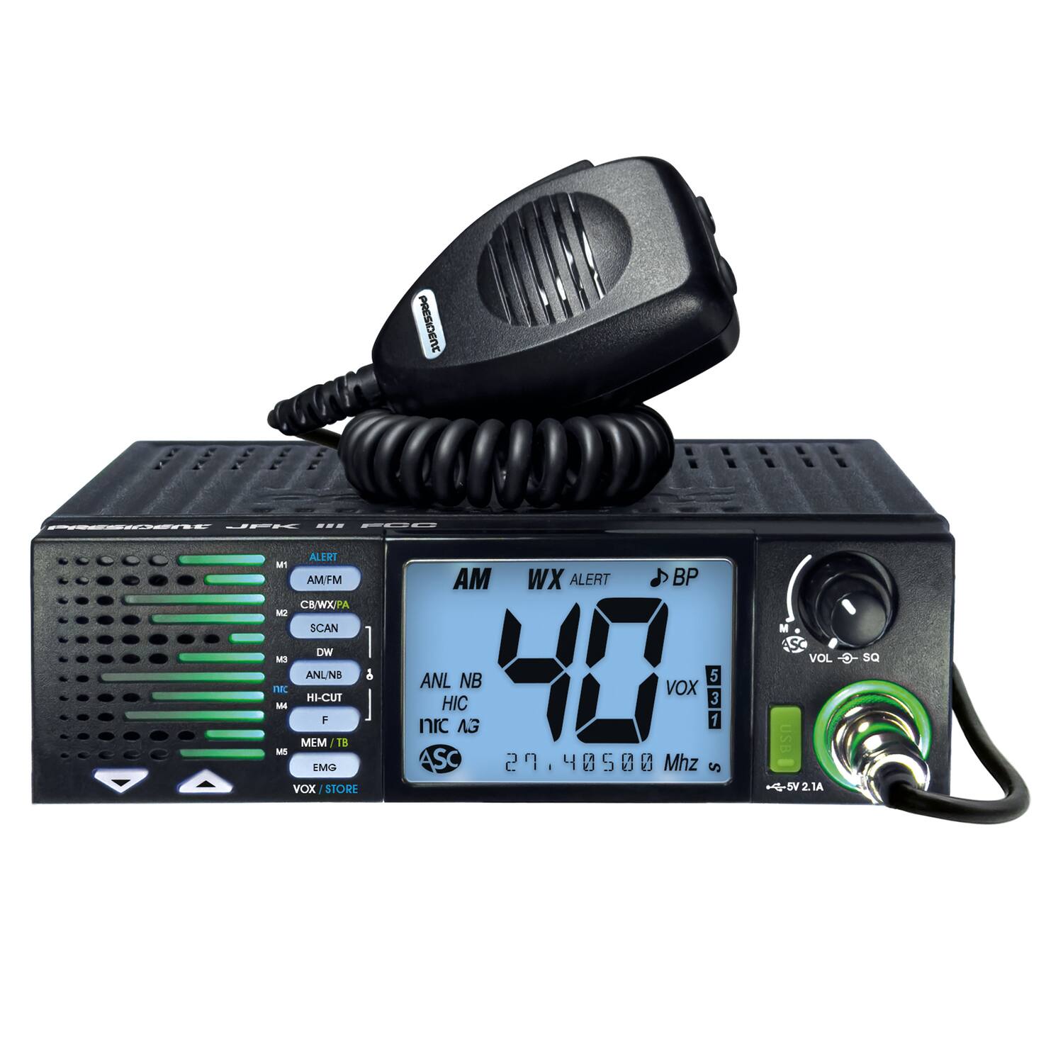 PRESIDENT EL - ... --- ALERT MI AM+M AM WX ALERT BP CB/WX/PA NO SCAN OW M nE - MEM ANU/NB HI-CUT F 18 & nrc ANL HIC AG NB 41 VOX 5 1 3 M EMG ASC 29 40500 Mhz S VOX STORE VOL sQ B USB V2 2.1A