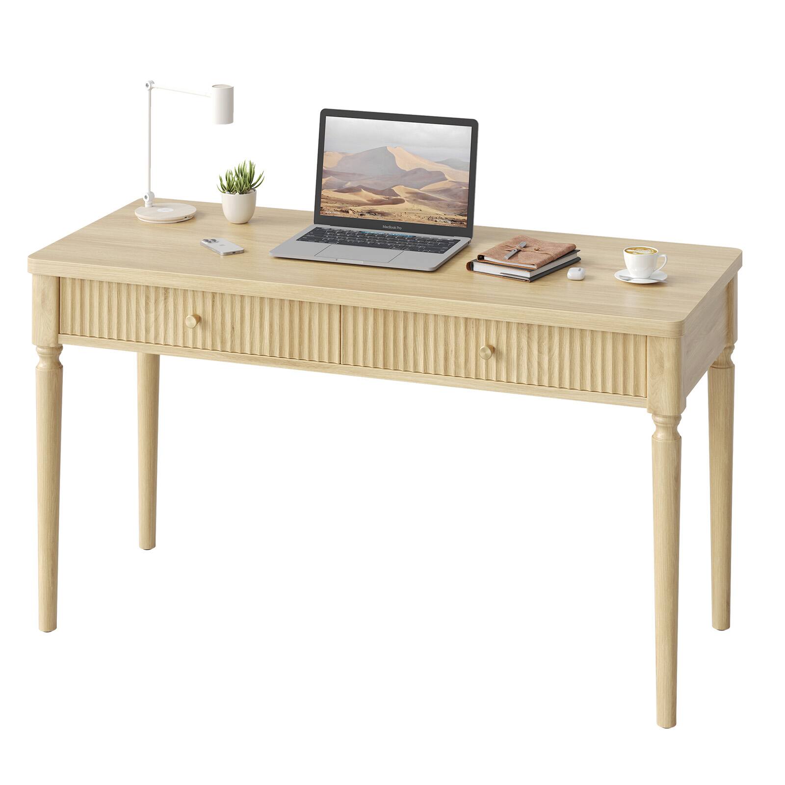 Alt View 4. Bestier - 55" Computer Desk with 2 Drawers, Modern Home Office Desk, Fluted Writing Desk with Solid Wood Legs for Bedroom & Study - Natual Oak.