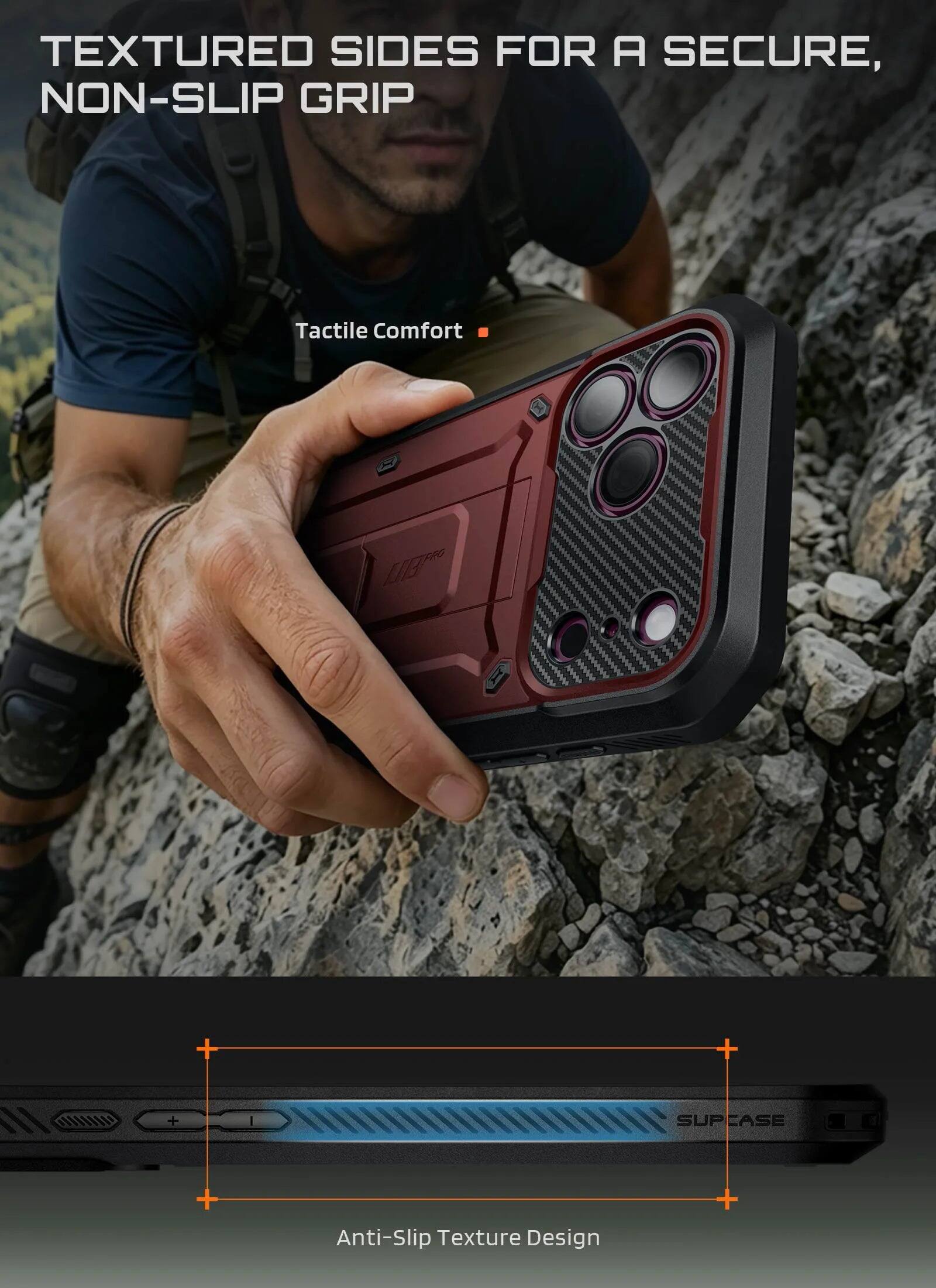 TEXTURED SIDES FOR A SECURE, NON-SLIP GRIP

Tactile Comfort

Anti-Slip Texture Design