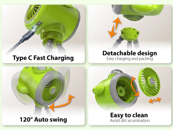 Type C Fast Charging  
Detachable design  
Easy charging and packing  
120° Auto swing  
Easy to clean  
Avoid dirt accumulation