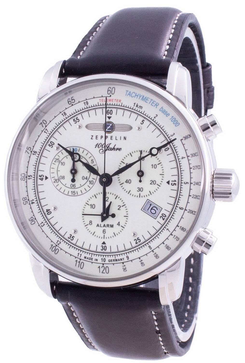 Zeppelin - 100 Jahre 86803 Quartz Mens Watch Tachymeter Telemeter 50M Leather Strap - White
