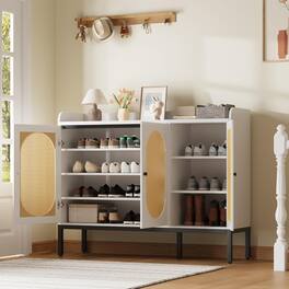 Homhougo - 7-Tier Rattan Shoe Cabinet – Freestanding Shoe Storage Organizer with 3 Rattan Doors and Adjustable Shelves - White