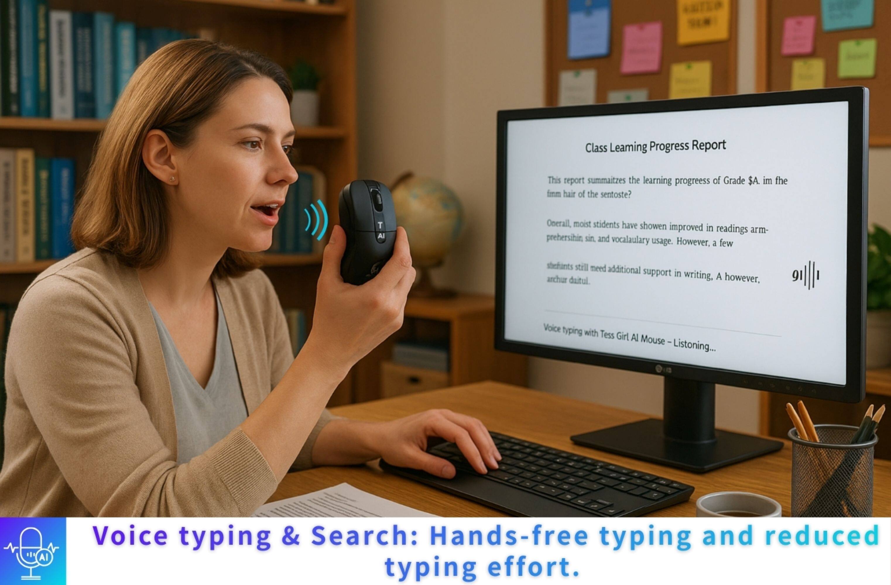 Class Learning Progress Report

This report summarizes the learning progress of Grade 5A. In the first half of the sentence?

Overall, most students have shown improved in reading comprehension, spelling, and vocabulary usage. However, a few students still need additional support in writing. A however, archur daitul.

Voice typing with Tess Girl AI Mouse - Listening...

Voice typing & Search: Hands-free typing and reduced typing effort.
