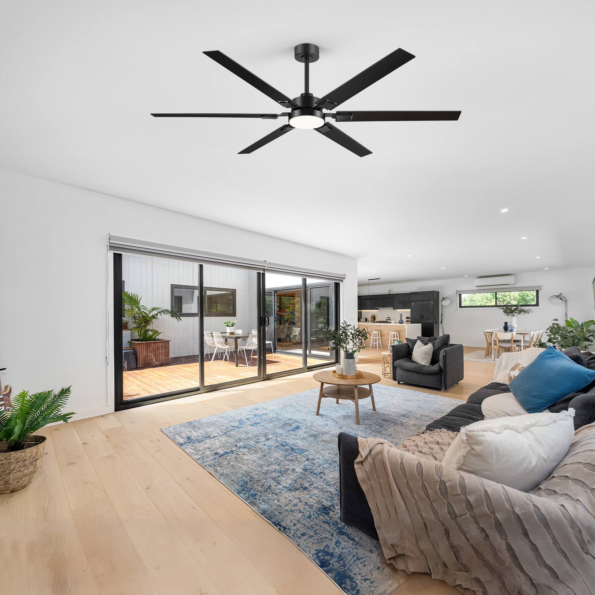 Back. Breezary - 72-Inch Ceiling Fan with 6 Plywood Blades, DC Motor, 6-Speed Remote Control, 3-Color Light, Memory Function - Matte Black and Dark Wood Grain.