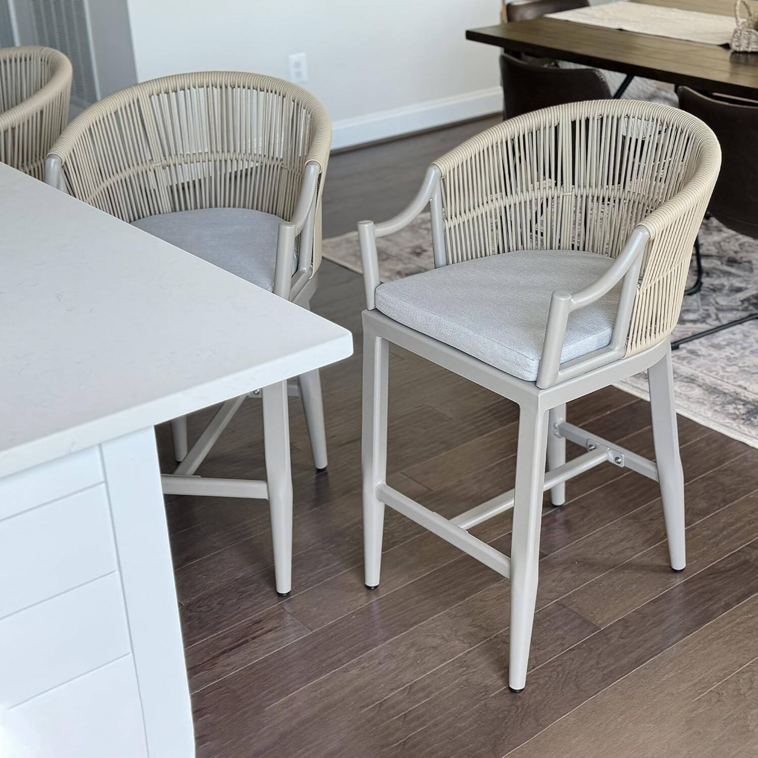 Alt View 3. PURPLE LEAF - Patio Counter Height Set of 2 Outdoor Rattan Chairs with Back Modern Aluminum Woven Barstools for Garden Indoor Kitchen - Champagne-Counter Stool.