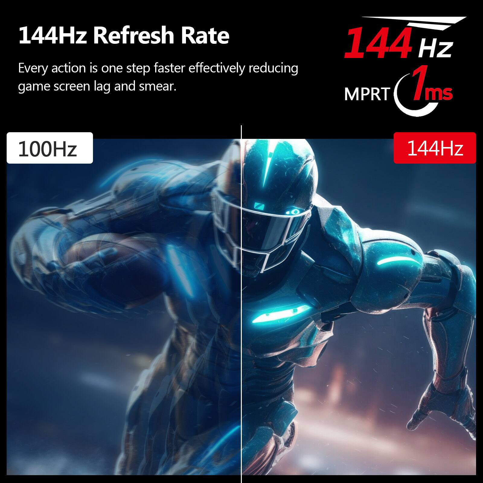 144Hz Refresh Rate
Every action is one step faster effectively reducing game screen lag and smear.
144 Hz MPRT 1ms
100Hz
144Hz