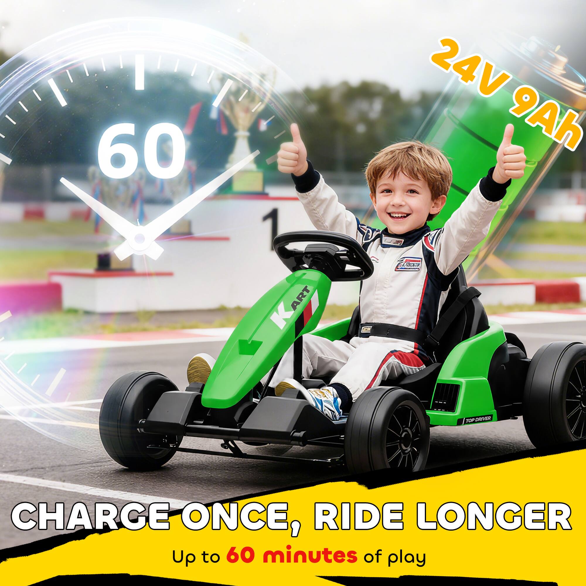 I 60  
1 ART  
24V 9Ah  
TOP DRIVER  
CHARGE ONCE, RIDE LONGER  
Up to 60 minutes of play