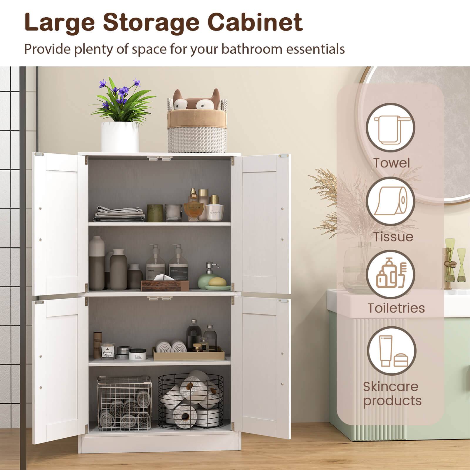 Large Storage Cabinet  
Provide plenty of space for your bathroom essentials  

- Towel  
- Tissue  
- Toiletries  
- Skincare products