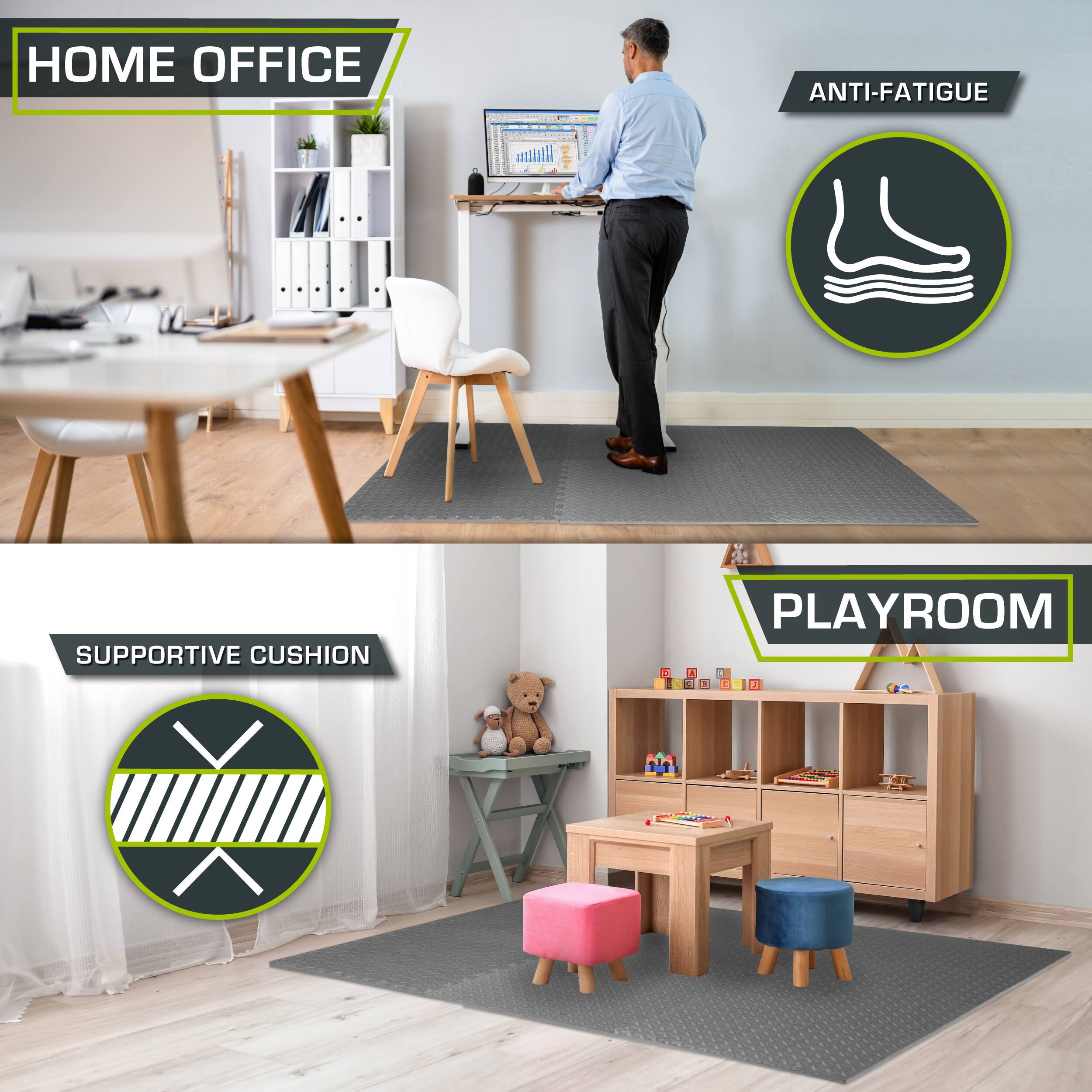 The corrected text from the image is:

- HOME OFFICE
- ANTI-FATIGUE
- SUPPORTIVE CUSHION
- PLAYROOM