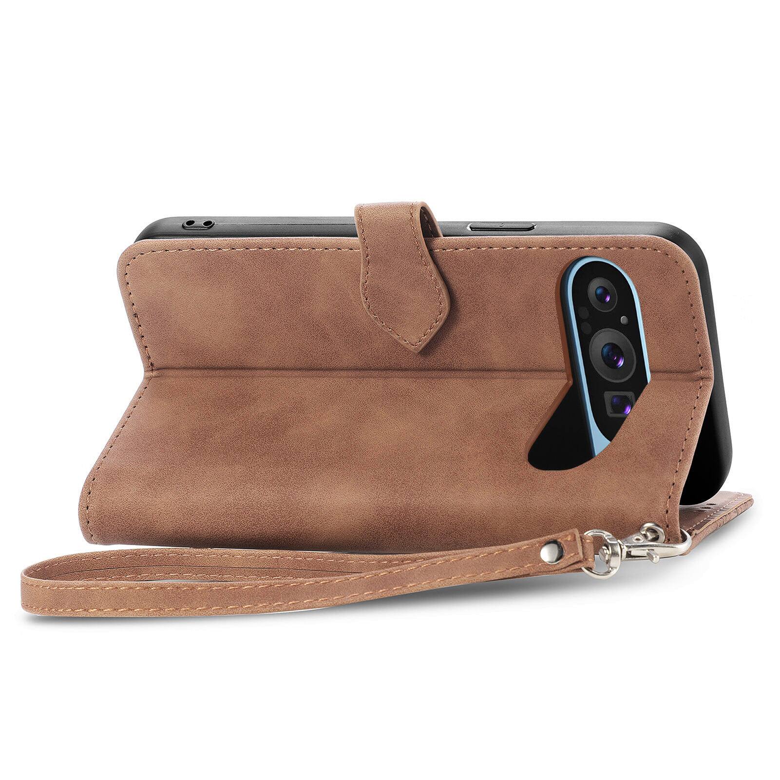 Alt View 1. Dteck - for Google Pixel 10 Pro XL/9 Pro XL Wallet Case,Shockproof PU Leather Card Holder Cover with Zipper Pocket & Wrist Strap - Brown.