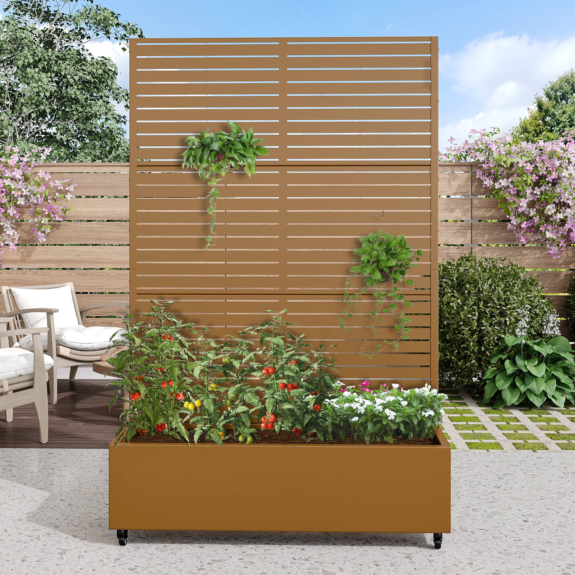 Alt View 1. PexFix - 72 in. H x 47 in. W Louvered Pattern Rectangle Metal Planter Box Raised Garden Beds with Trellis-Ideal for Balcony - Brown.
