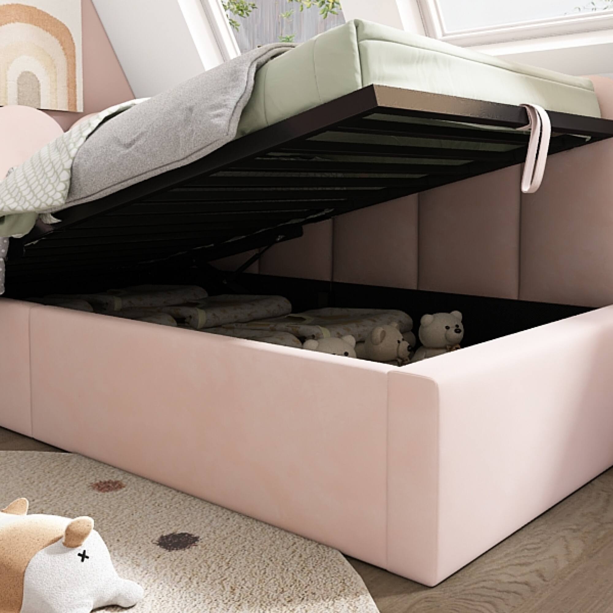 Alt View 2. GOODSILO - Upholstered Daybed with Hydraulic Storage, Twin Size Sofa Bed Frame with Metal Slats and Velvet Covering - Pink.