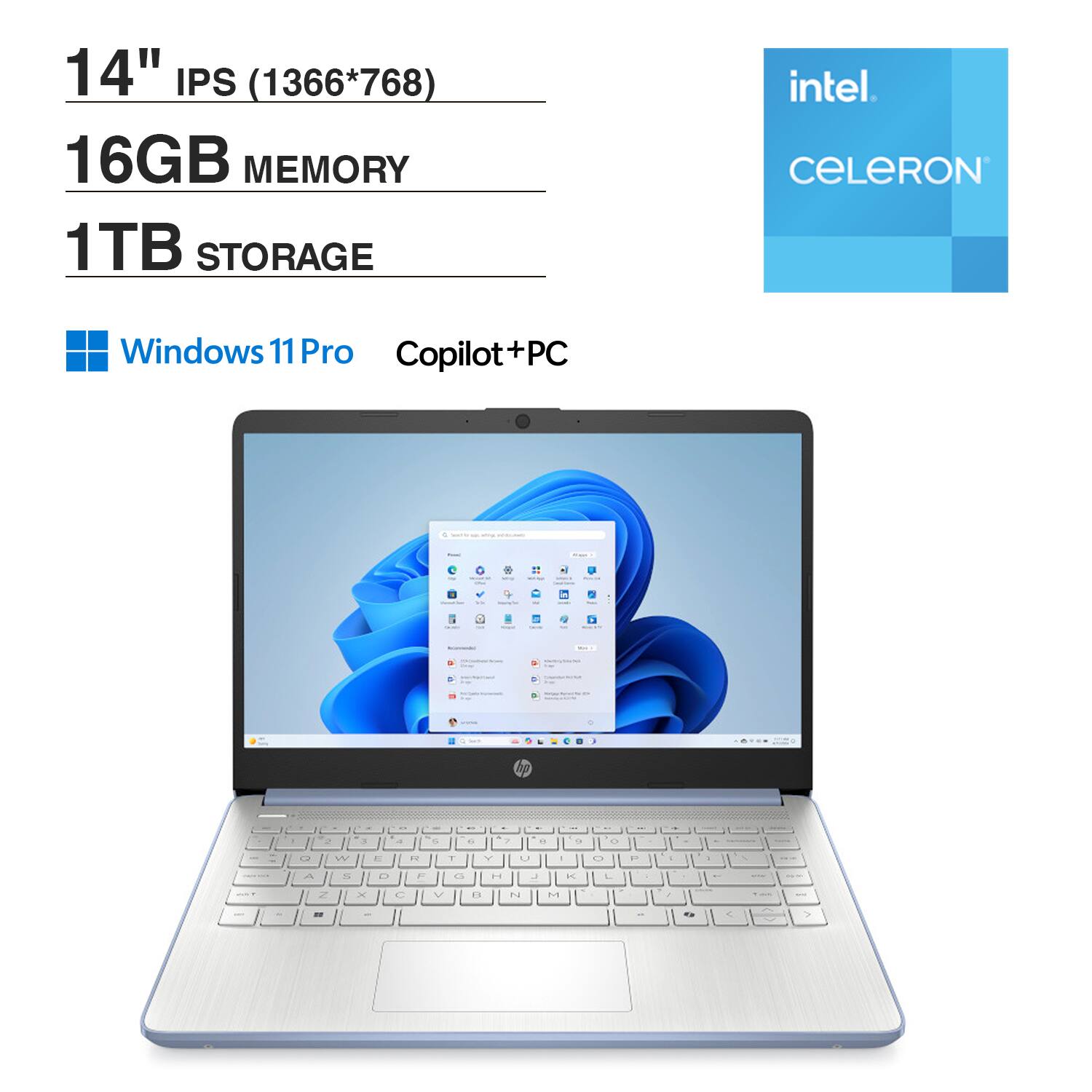 HP - 14 Everyday Value Laptop 14.0 HD HD Display (Intel Celeron N4500, 16GB DDR4, 1TB PCIe SSD, Win 11 Pro) - Sky Blue