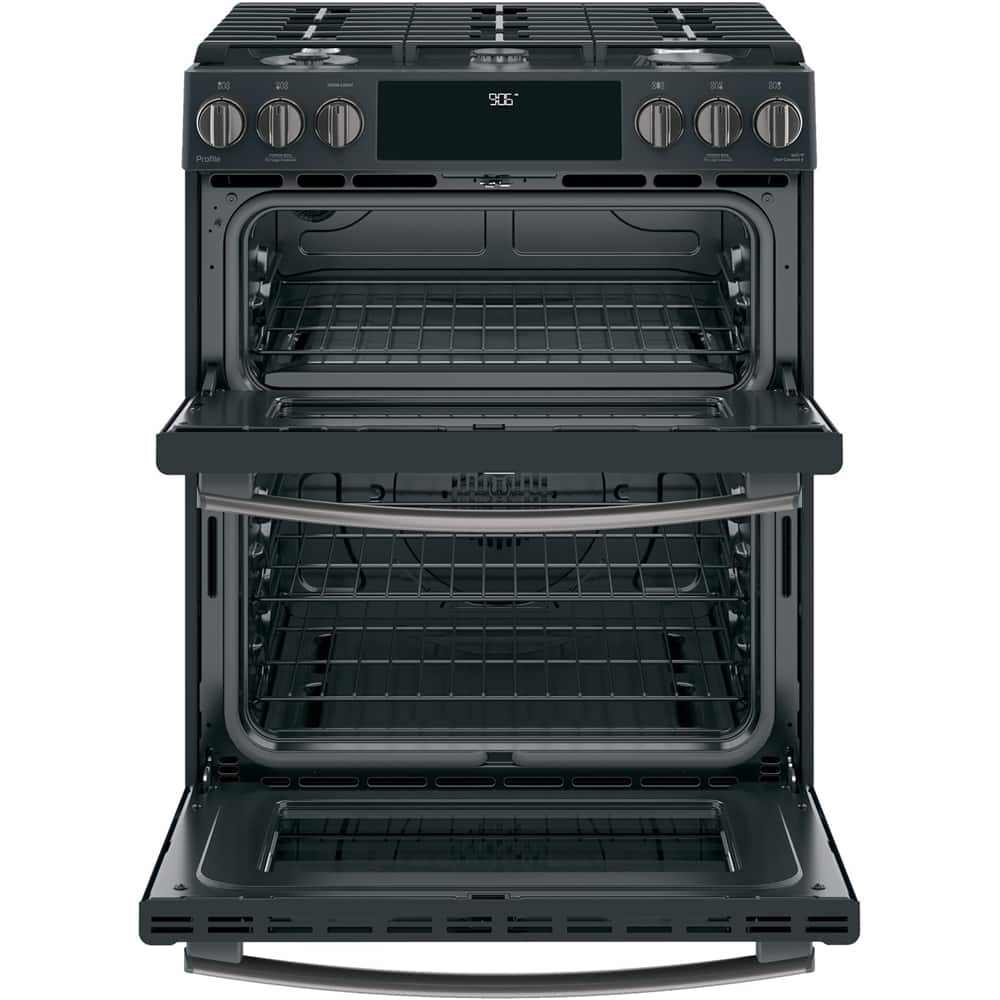 Front. GE - 6.7 Cu. Ft. Self-Cleaning Slide-In Double Oven Gas Convection Range.