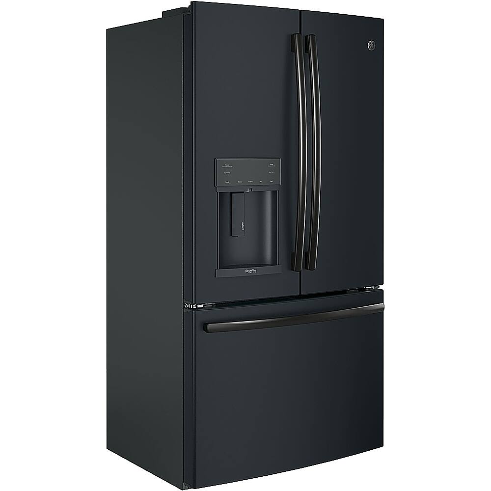 Left. GE Profile - 22.1 Cu. Ft. French Door Counter-Depth Refrigerator with Hands-Free AutoFill - Fingerprint resistant black slate.