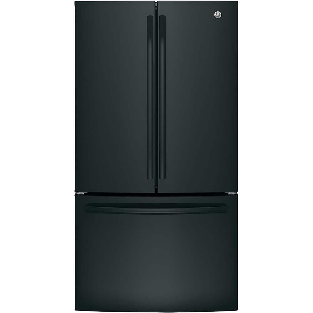 Front. GE - 27.0 Cu. Ft. French Door Refrigerator with Internal Water Dispenser - High Gloss Black.