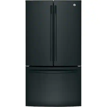 Front. GE - 27.0 Cu. Ft. French Door Refrigerator with Internal Water Dispenser - High Gloss Black.
