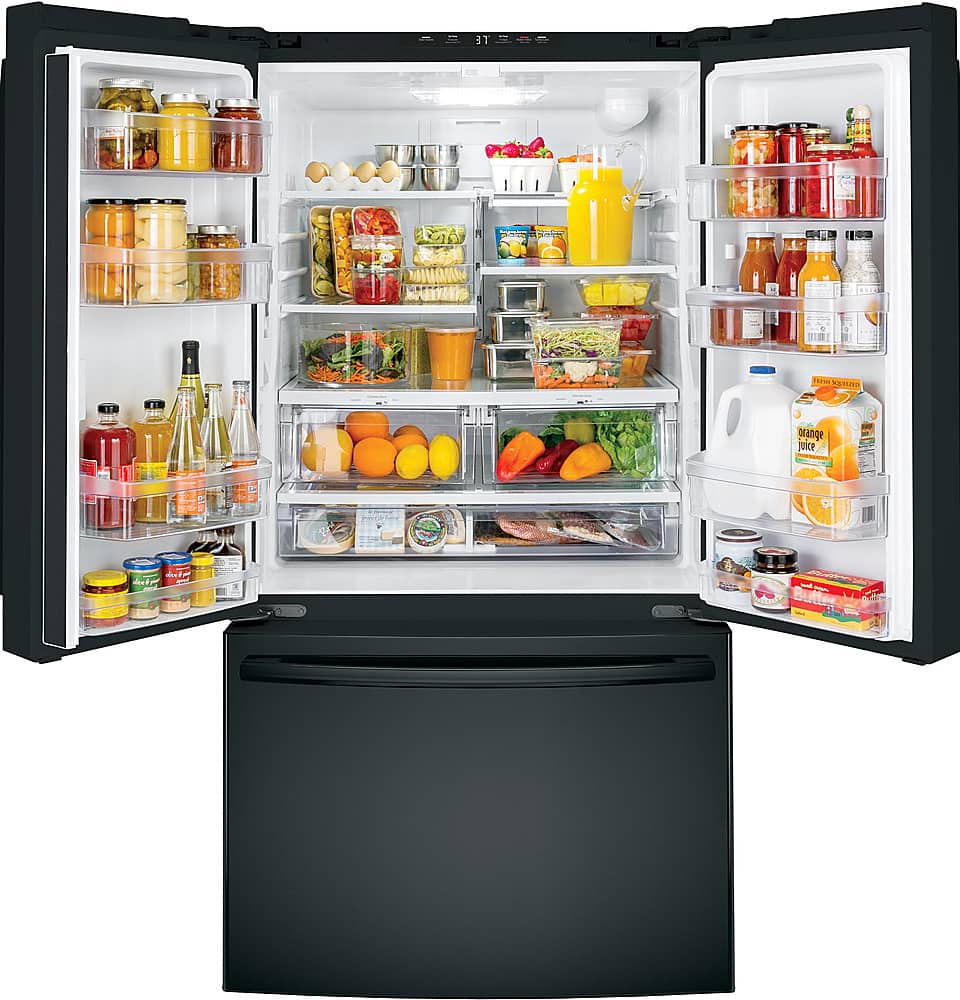 Alt View 11. GE - 27.0 Cu. Ft. French Door Refrigerator with Internal Water Dispenser - High Gloss Black.
