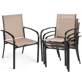 Gymax - Outdoor Dining Chairs Set of 4 w/ Breathable Fabric Armrests High Back - Coffee, Black