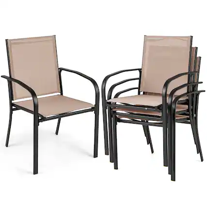 Front. Gymax - Gymax Outdoor Dining Chairs Set of 4 w/ Breathable Fabric Armrests High Back - Coffee, Black.