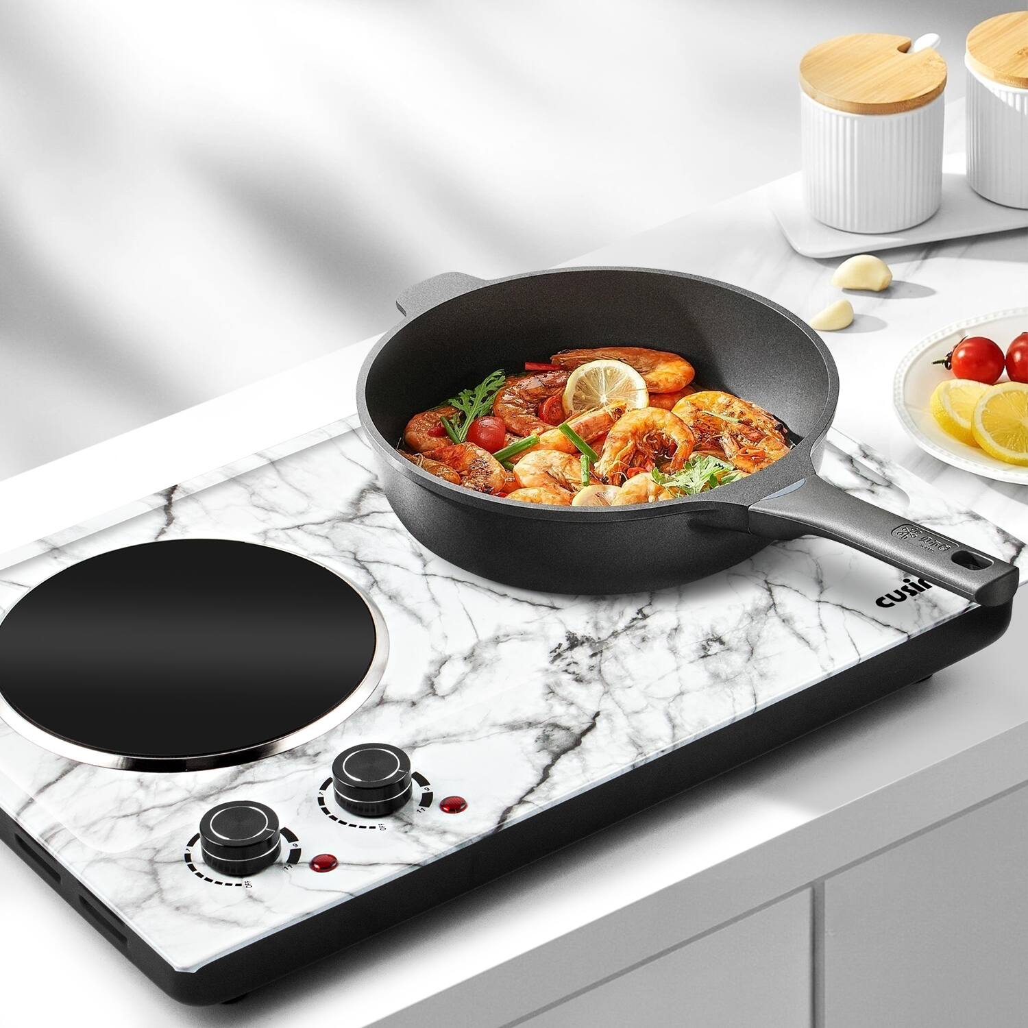 Angle. Cusimax - 1800W Double Burner Electric Hot Plate, Infrared Ceramic Glass Cooktop, Portable Countertop Stove For home Apt Dorm - White Marble.