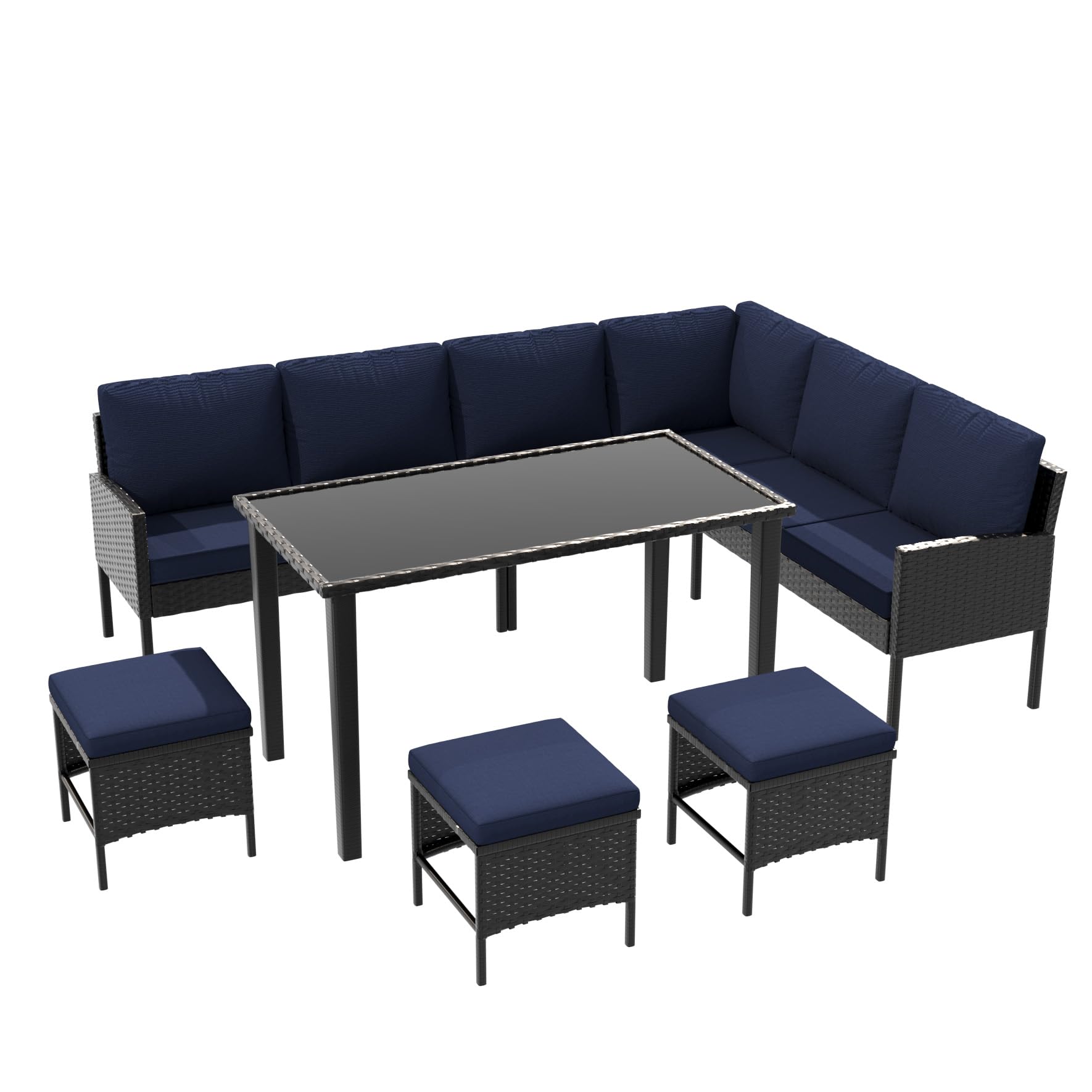 Back. Mondawe - 7-Piece Outdoor Furniture Set With Waterproof Seat Cushion, Glass Table - Blue.