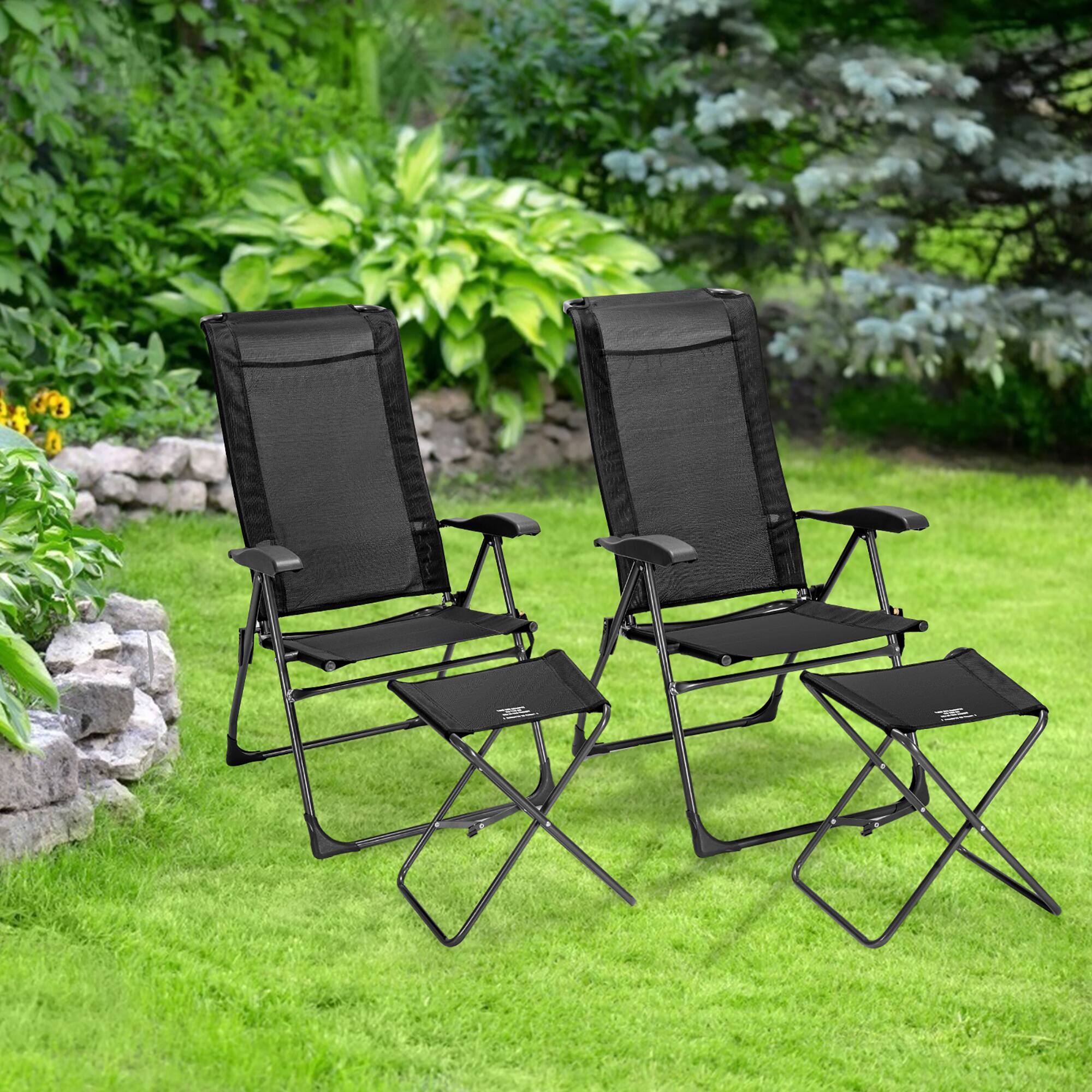 Left. Costway - 4PCS Patio Folding Dining Chair Ottoman Set Adjustable Back Camp Black - Black.